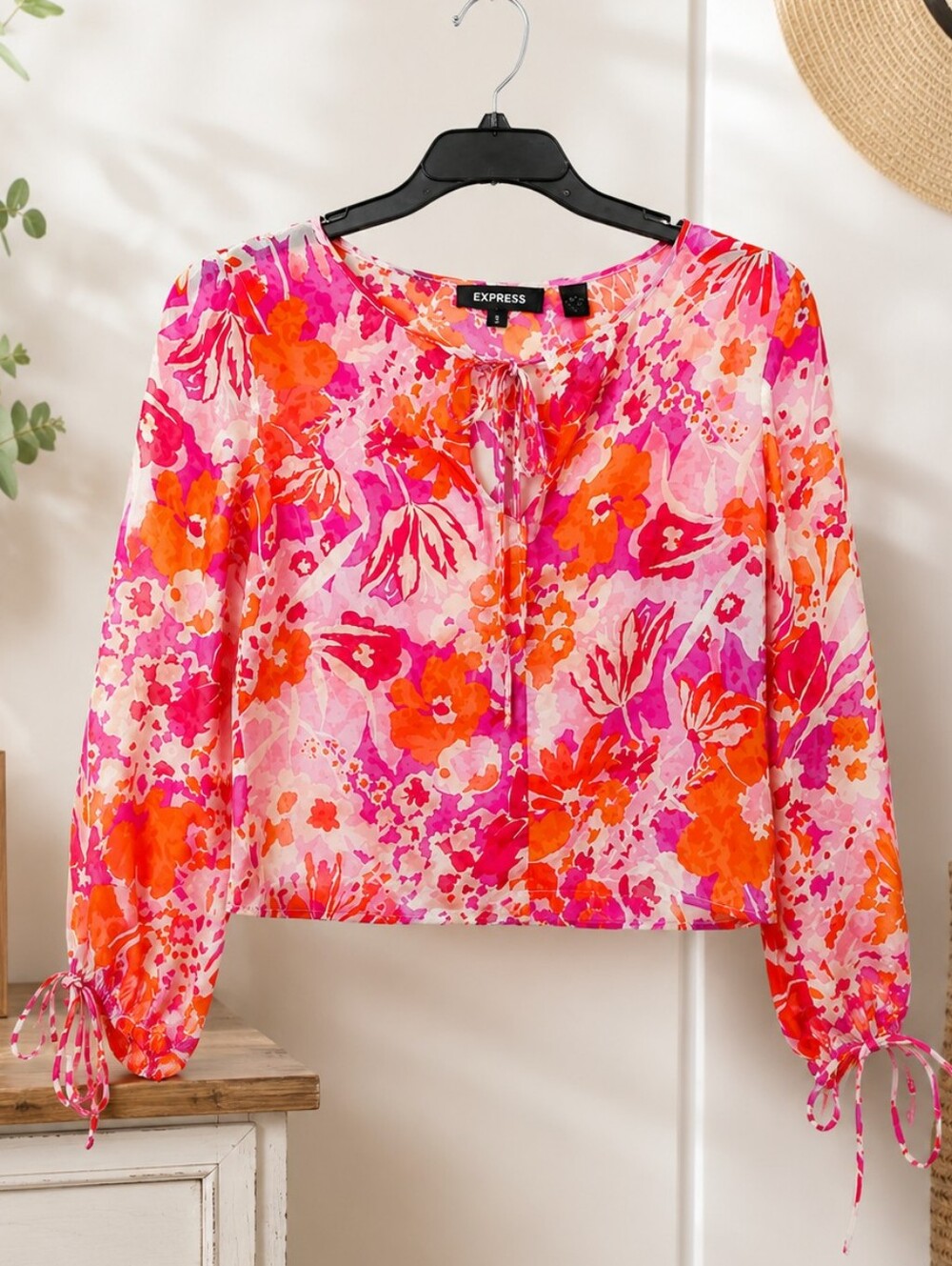 Express 100% Silk Bright Floral Popover‎ Top | Size Small